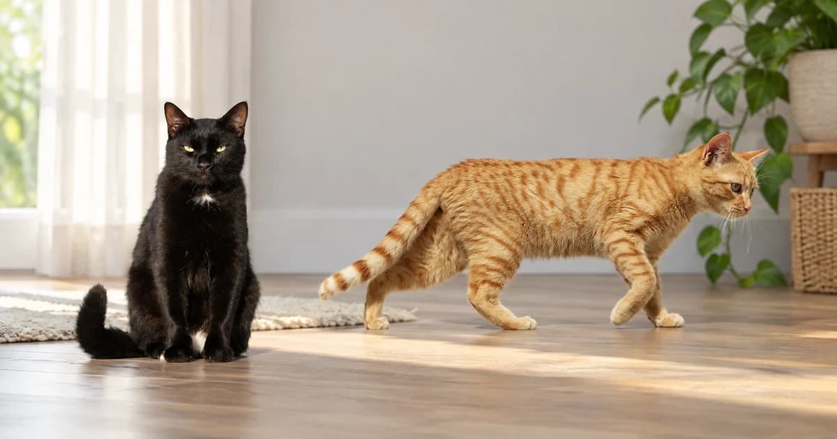 A black cat sits beside a separate orange tabby in a softly lit indoor scene, with their source collars removed.