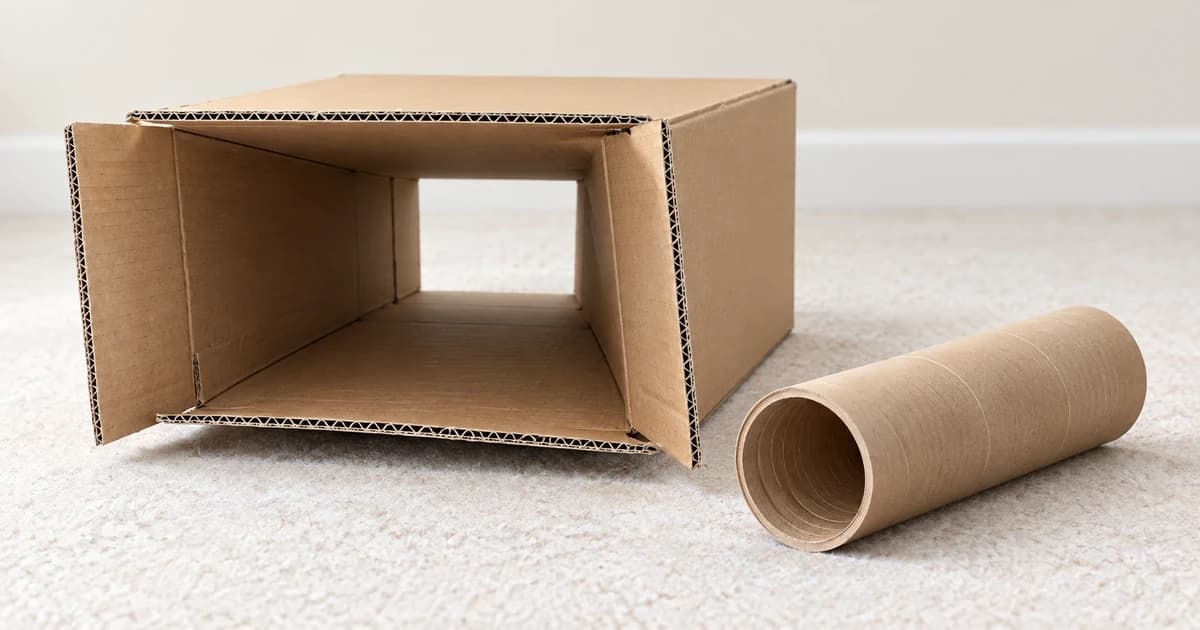 An empty low cardboard box with two openings and a separate short cardboard tube sit on a plain floor.