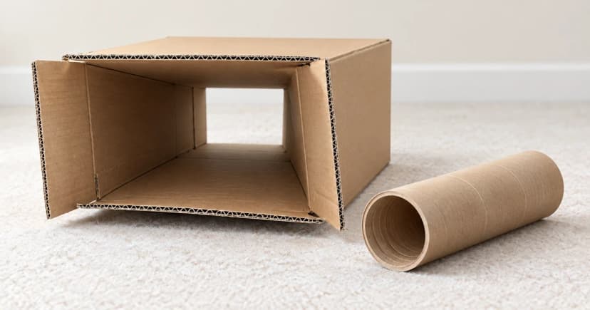 An empty low cardboard box with two openings and a separate short cardboard tube sit on a plain floor.
