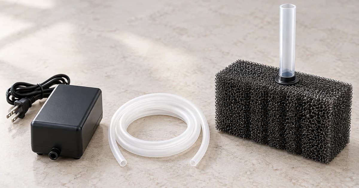 Generic sponge-filter block and lift tube beside a separate air pump and loose coiled airline on a dry tabletop.
