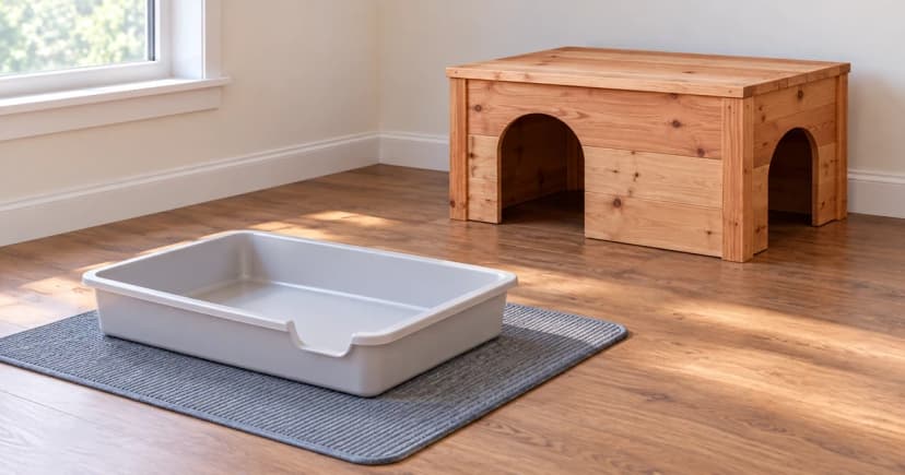 Generic shallow litter tray on an indoor floor near a low wooden shelter with open access around it.