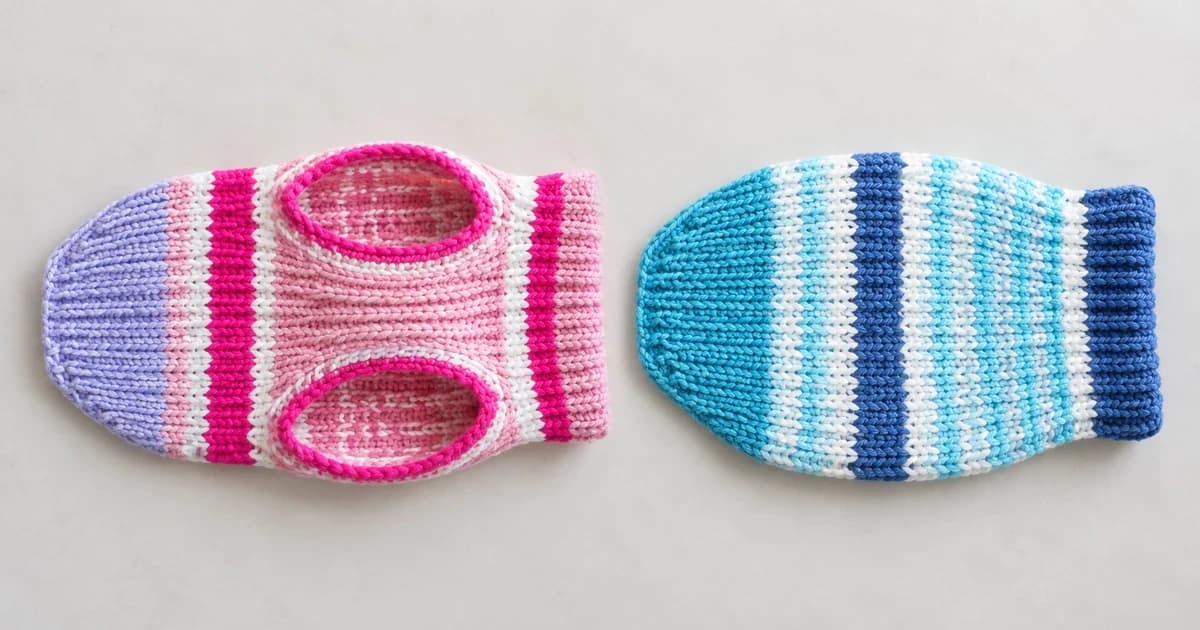 Two unworn striped knitted dog garments laid separately on a pale tabletop.