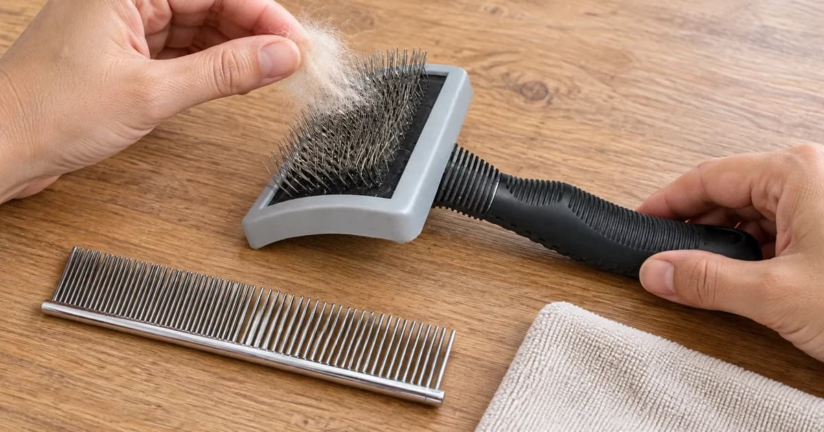 Hands lifting loose hair above a black-handled wire dog brush, with a metal comb on a dry tabletop.