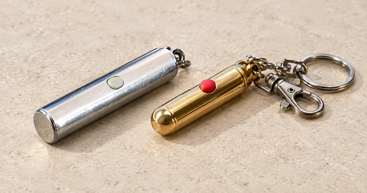 A silver pointer-shaped device and a gold keyring pointer lying on a pale tabletop, with no light beam.