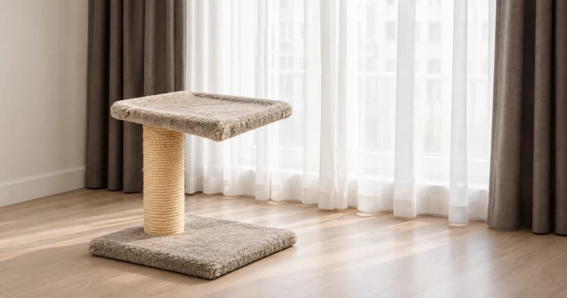Reconstructed empty beige upholstered perch on a floor base near neutral curtains at a closed window.