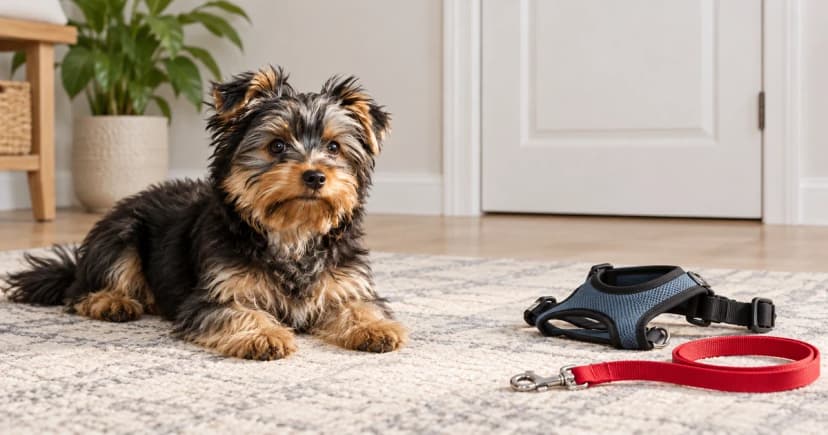 Edited illustration of a resting dog, a closed household door and separate walking equipment