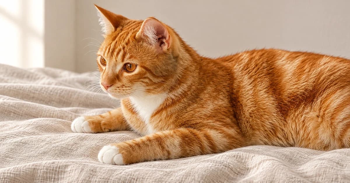 Photo-based edited portrait of one orange-and-white cat lying on pale linen in a neutral indoor setting