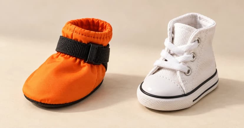 Photo-based edited illustration of an orange boot and a white lace-up dog shoe on a plain tabletop