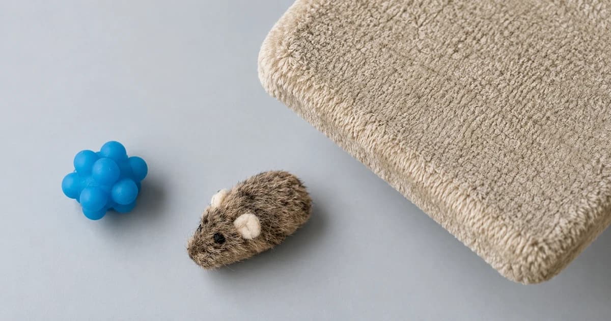 Reconstructed empty beige perch top beside a separate blue ball and brown fabric mouse on a pale-gray surface in an overhead still life.