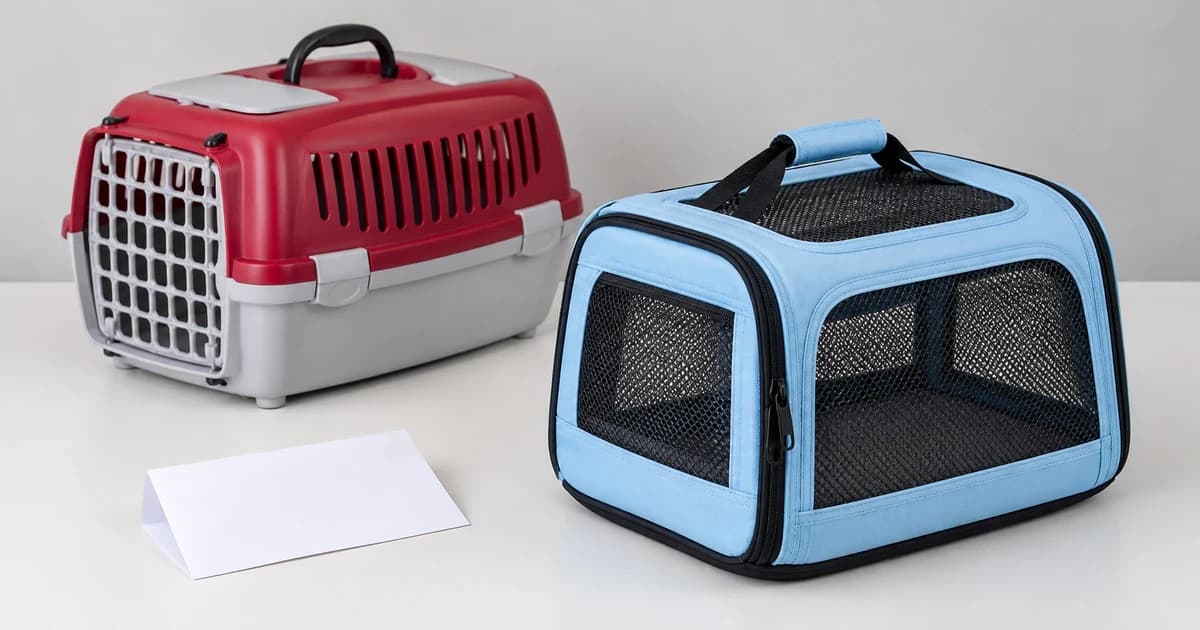 Edited illustration of empty soft and hard cat carriers beside a blank folded sheet