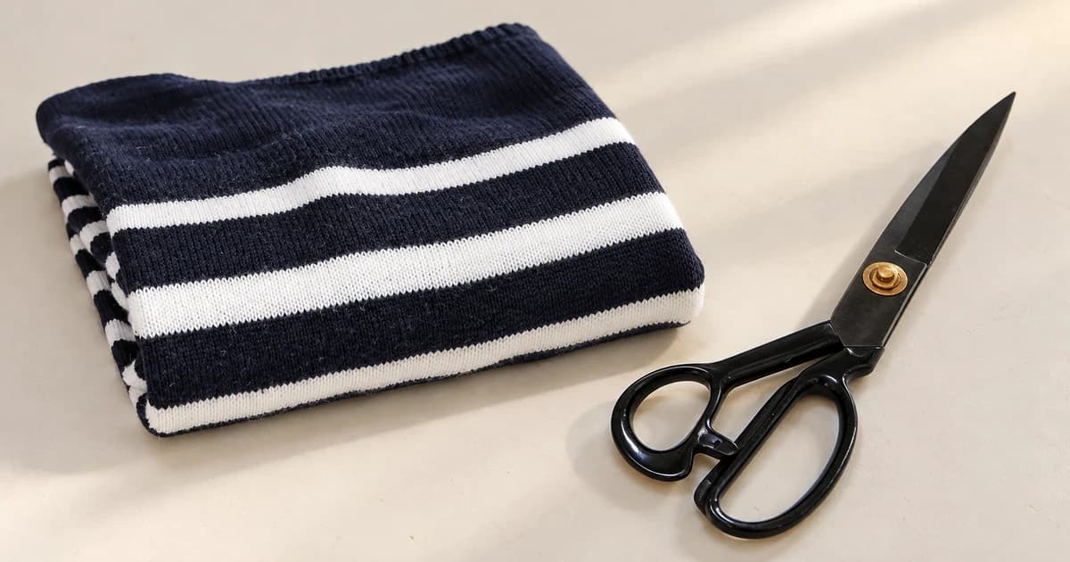 Photo-based edited craft-preparation illustration of folded striped fabric and separate closed black scissors