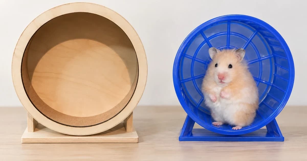 A wooden upright hamster wheel beside a blue wheel containing a standing hamster in a reconstructed comparison scene