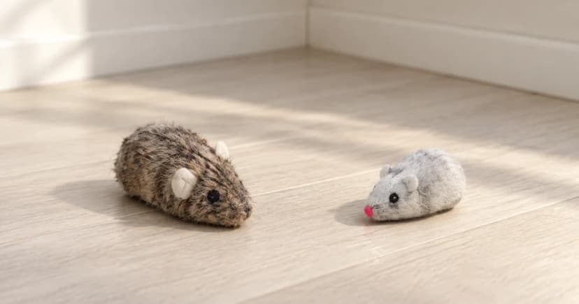 Two separate generic soft toy mice, one brown and one pale gray with a pink nose, resting on a light floor.