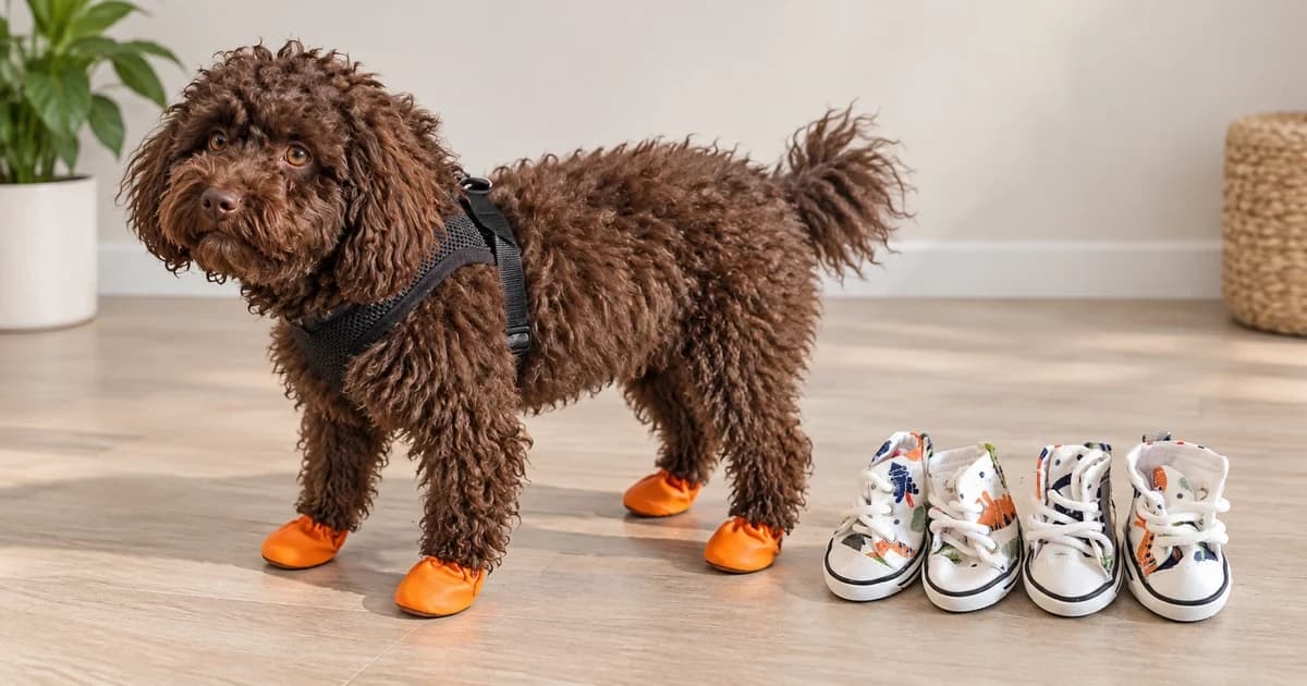 A brown dog wearing orange boots beside four separate empty canvas dog shoes in an indoor illustration.