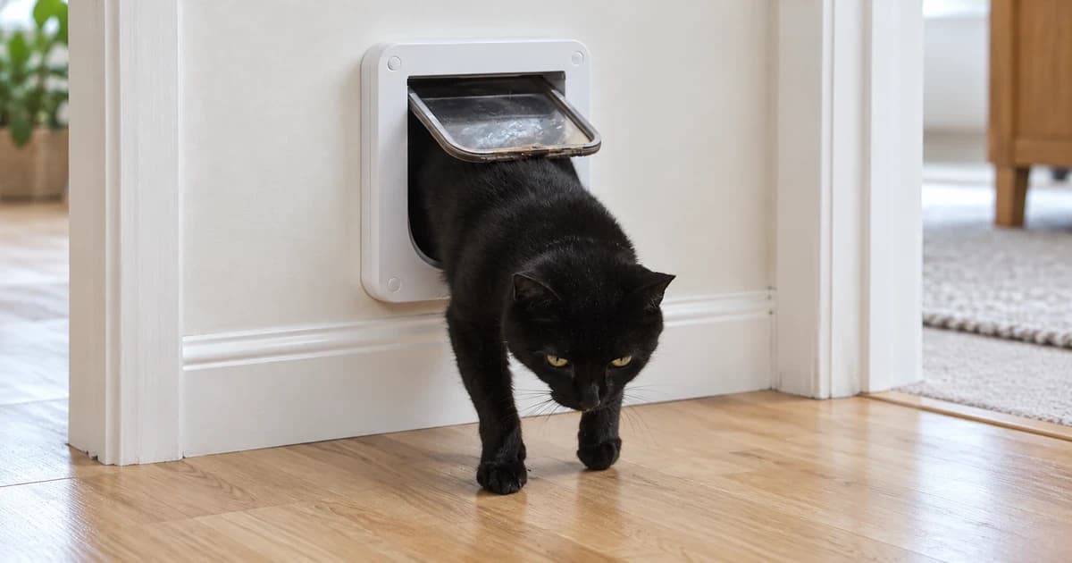 Black cat partly emerging through a white cat-flap frame with a clear top-hinged leaf in a reconstructed indoor scene.