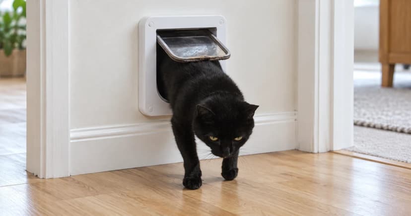 Black cat partly emerging through a white cat-flap frame with a clear top-hinged leaf in a reconstructed indoor scene.