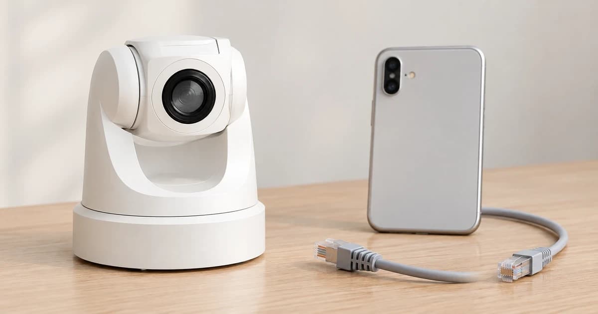 Generic unbranded camera on a flat indoor shelf beside a phone facing away and a loose disconnected cable.