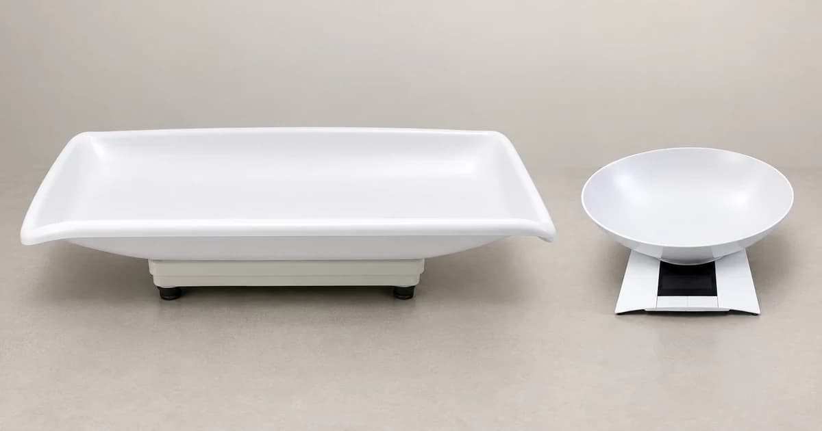 Edited illustration of two separate weighing devices, one with a broad tray and one with a round bowl.