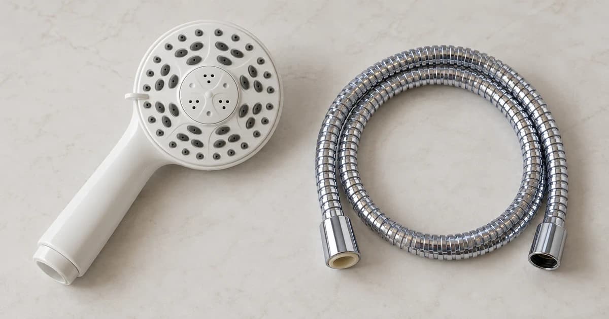 Edited illustration of a detached household handshower and a separate coiled hose