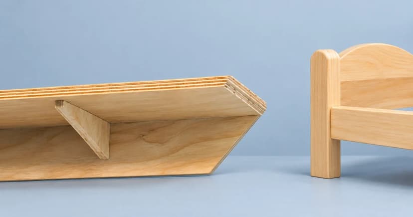A partial pale wooden shelf with a brace beside a separate cropped wooden bed-frame detail.