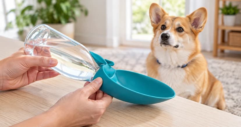 Hands support an assembled clear travel bottle with a teal drinking trough beside a seated corgi.
