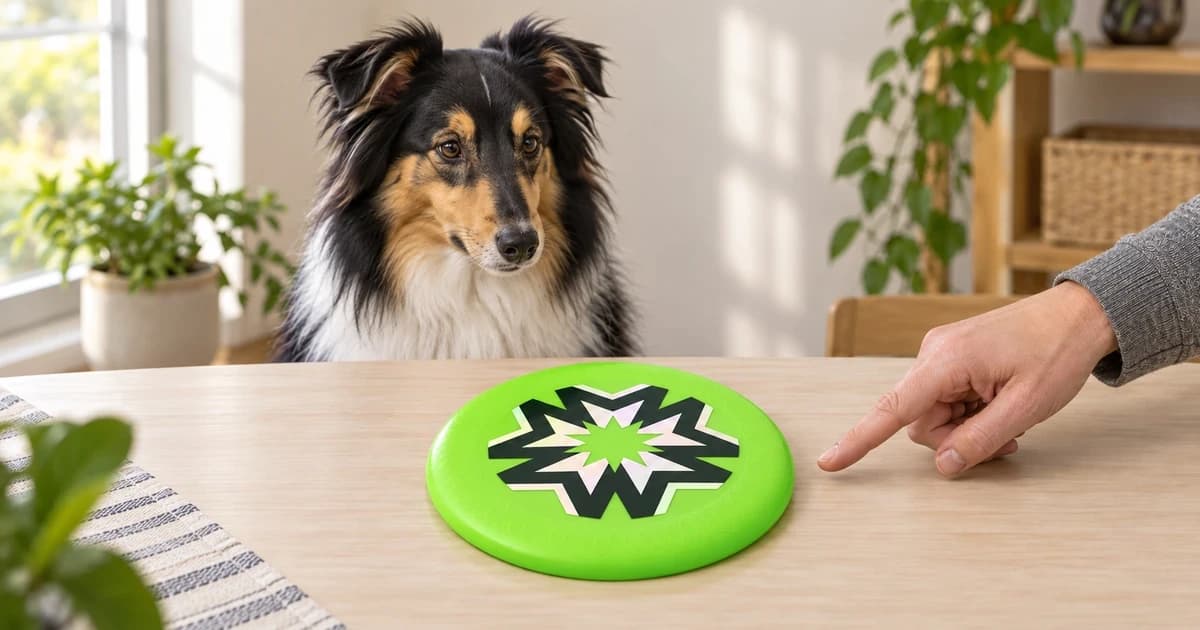A hand points beside a complete green disc on a table, with a tricolor dog in the background.