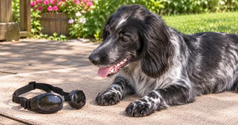 A dog with an uncovered face lies near intact goggles resting separately on a mat.