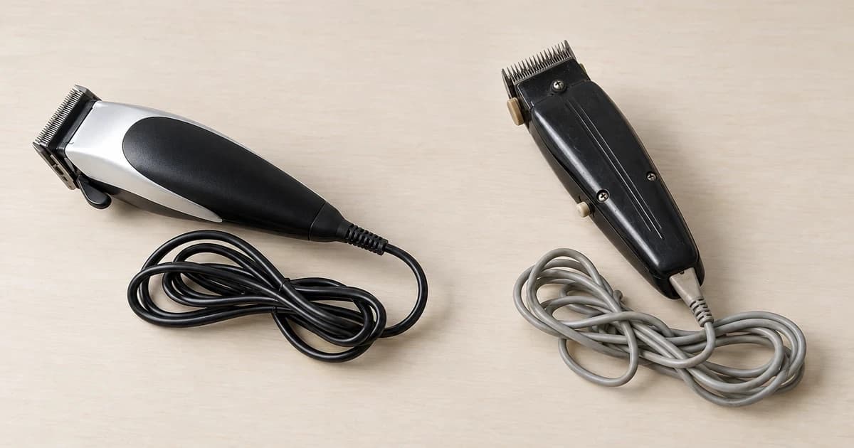 Two separate generic corded clipper forms with attached loosely coiled cords on a dry tabletop.