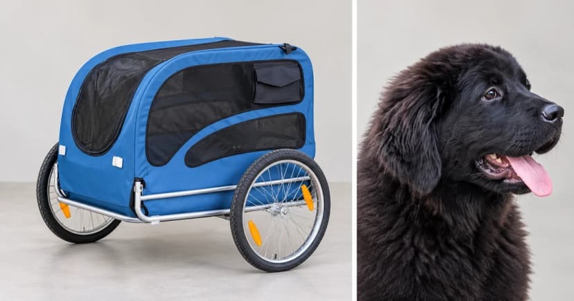 Photo-based edited empty covered blue dog bike trailer and separate black dog portrait