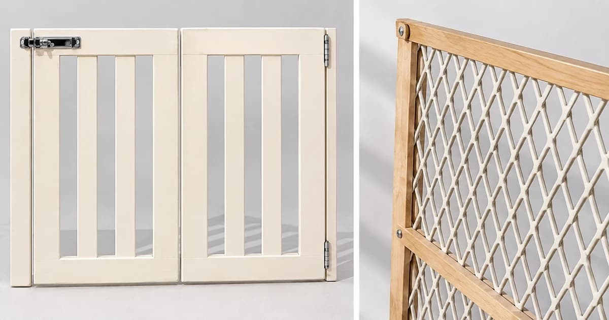 Photo-based edited illustration of a pale slat gate and a separate diamond-lattice barrier detail