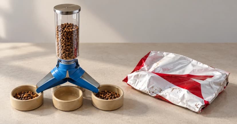 Edited illustration of a reservoir-and-chute feeder beside a separate folded food bag