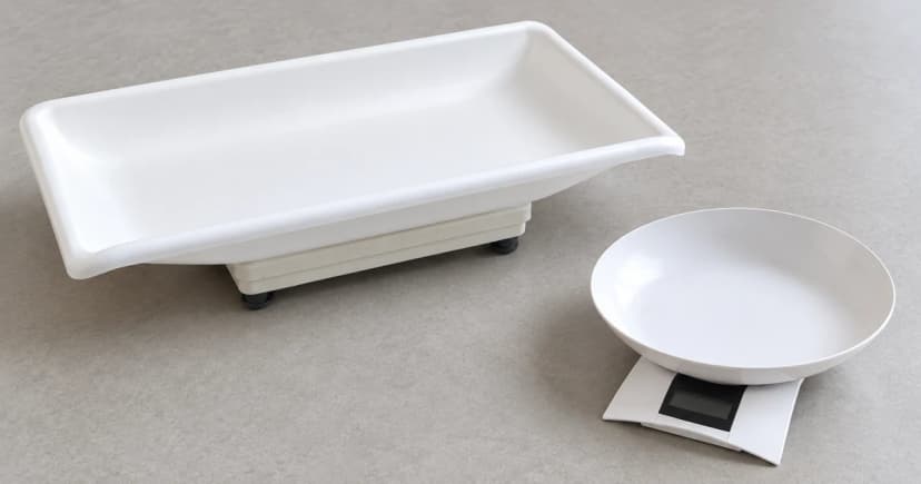 A broad white tray scale and a separate round-bowl household scale on a neutral surface.