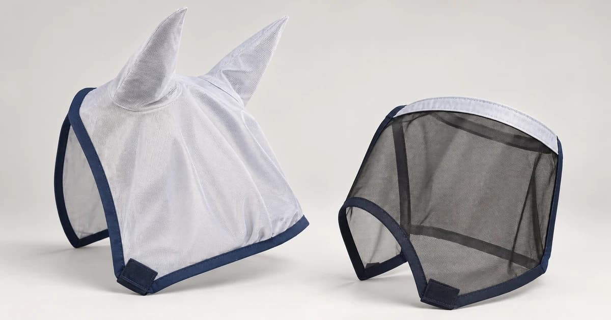 Edited illustration of a pale mesh horse fly mask with ear covers beside a separate dark earless mesh mask