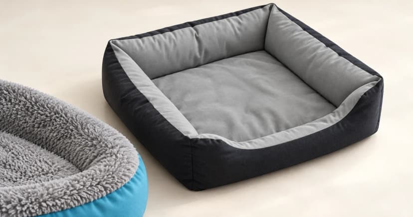 Edited illustration of a grey-and-black soft bed beside a partial teal-rimmed plush bed