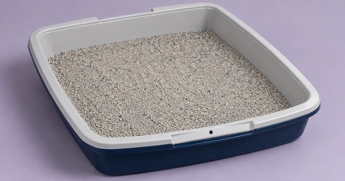 A pale-gray litter pan with a dark-blue lower edge and a granular surface.