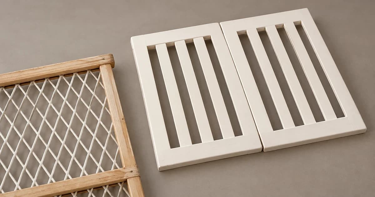 An unmounted pale slatted gate panel and a separate partial diamond-lattice section on a tabletop.