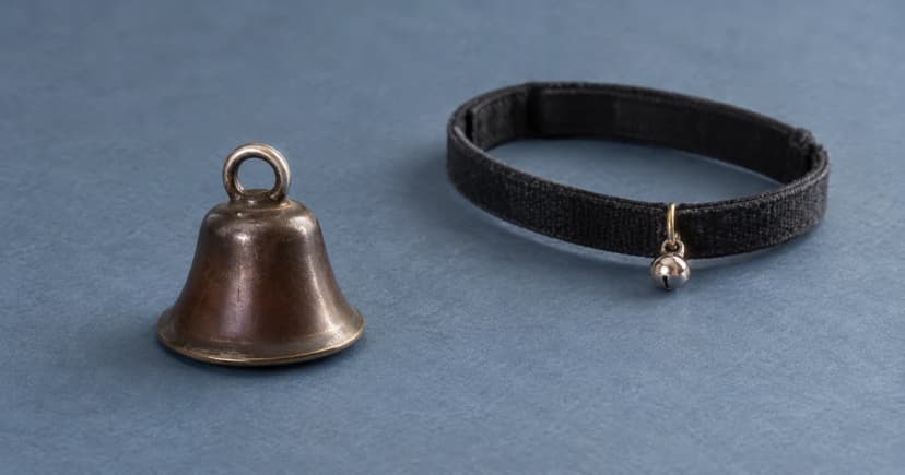 A flared bell beside a black collar loop with a small bell on a blue-grey tabletop.
