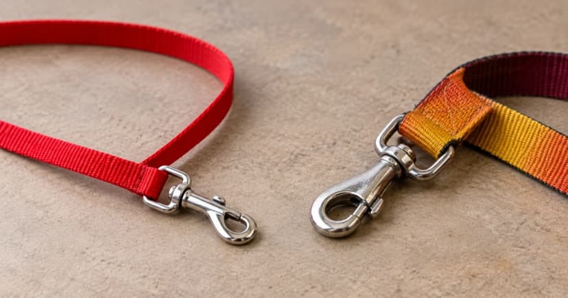 A red leash segment and a separate multicolored strap with a metal clip on a taupe tabletop.