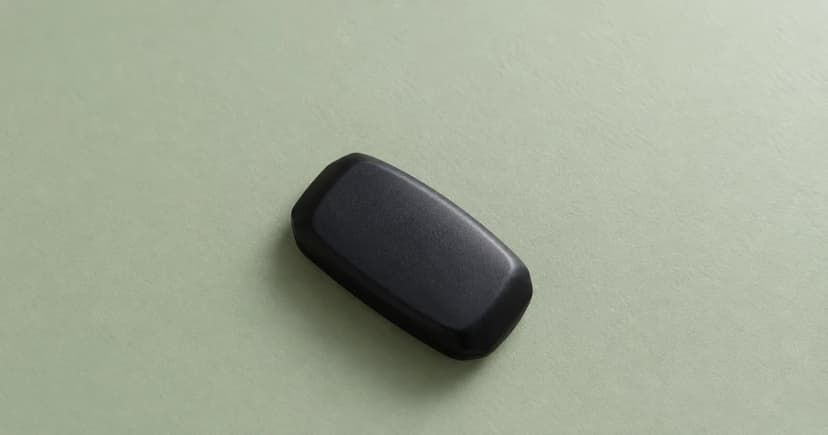 A rounded black case lying diagonally on a pale green tabletop.