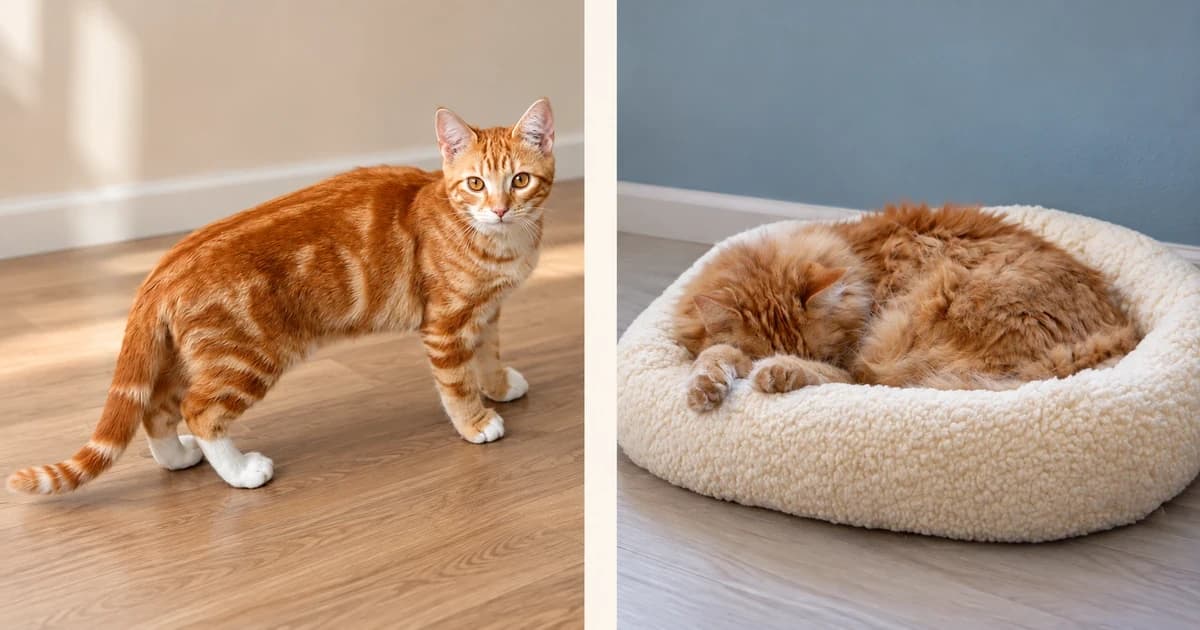 Separate panels show a standing orange-and-white cat and a longhaired orange cat curled in a bed.