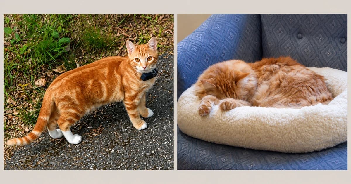 Separate views of a tabby outdoors and a long-haired cat curled in a cream bed.