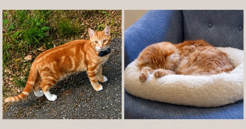 Separate views of a tabby outdoors and a long-haired cat curled in a cream bed.