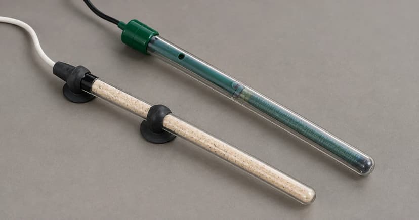 Two glass aquarium heater tubes with contrasting caps and supports on a neutral surface.