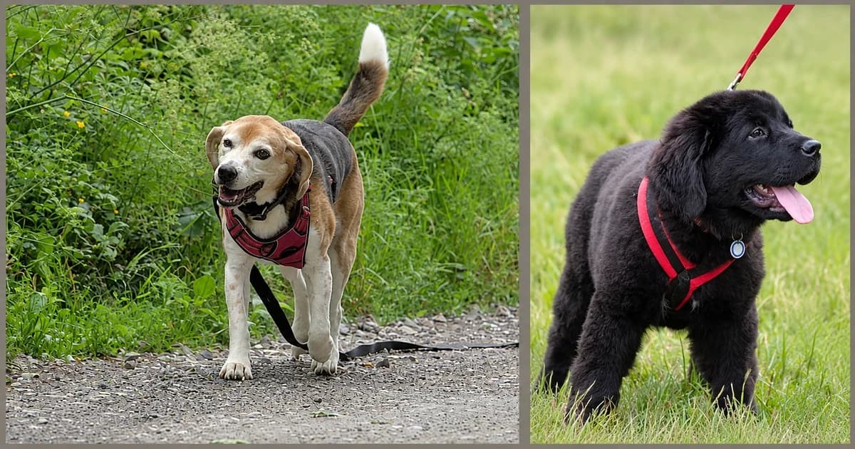 Separate views of a beagle on gravel and a black puppy on grass.