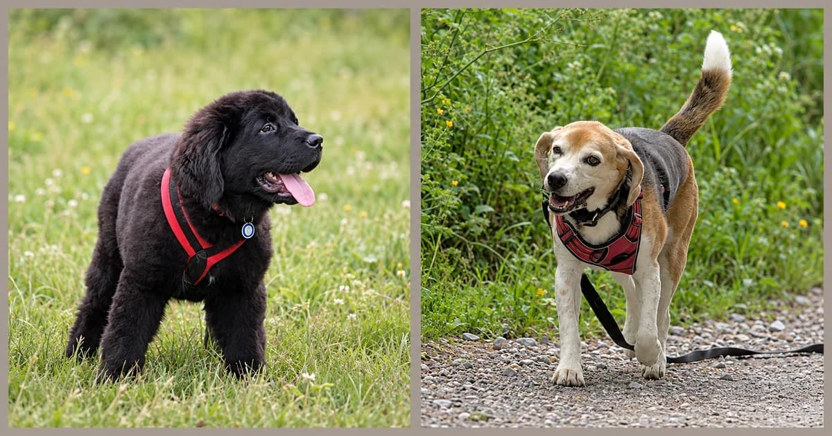Separate outdoor views of a black puppy on grass and a tricolour beagle beside green vegetation.