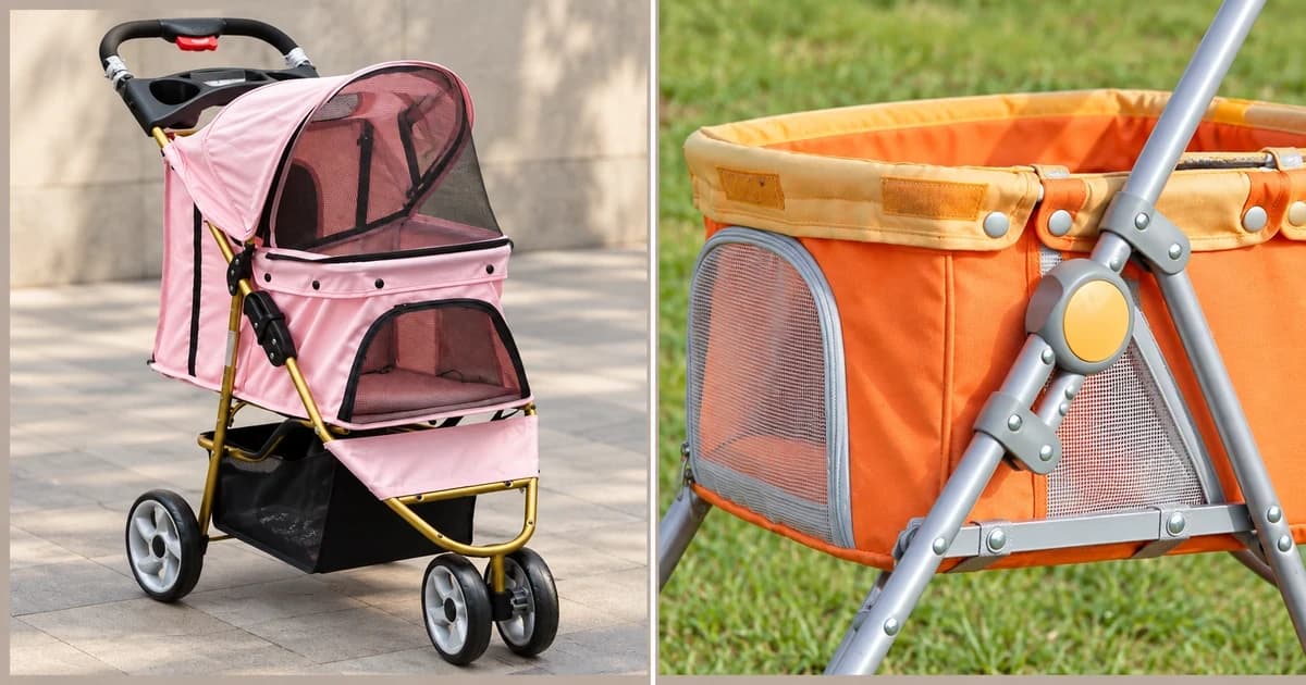 Separate views of a pink stroller with a gold frame and orange fabric beside a silver stroller frame joint.