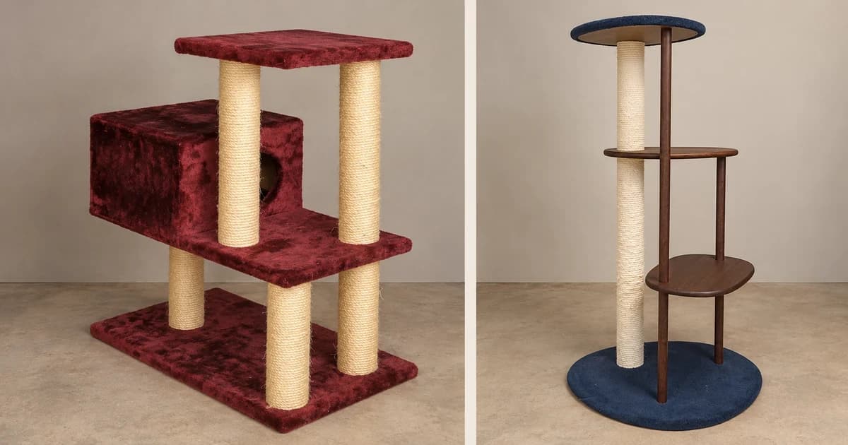 Two separate cat trees against plain neutral backgrounds.