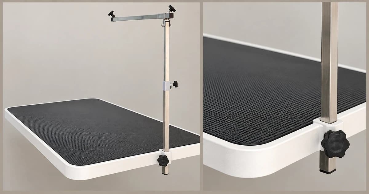 Two separated views of an empty black grooming-table top with white edge trim and metal arm clamps.