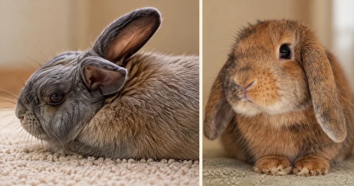 Two independent rabbit portraits, a grey rabbit in side view and a brown lop facing forward.
