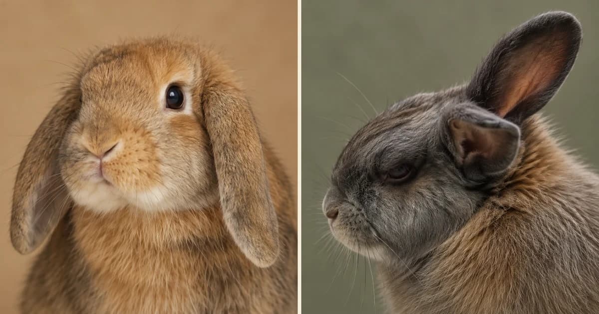 Separate portraits of a tan lop-eared rabbit and a gray-brown rabbit.